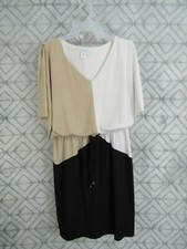 New York Co Dress Size M White Brown Black V neck Elastic Drawstring Waist Work