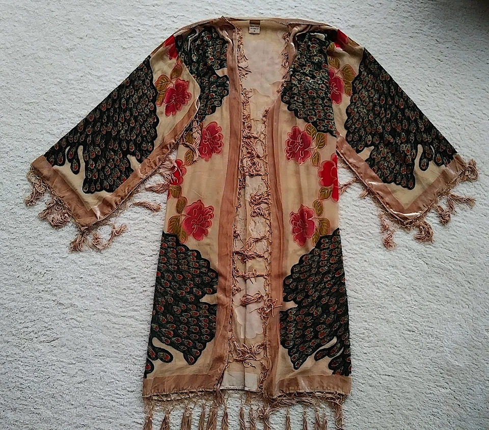 Lucy's Silk duster opera coat peacock motif velvet jacket kimono beads tassels M - Image 2 of 4