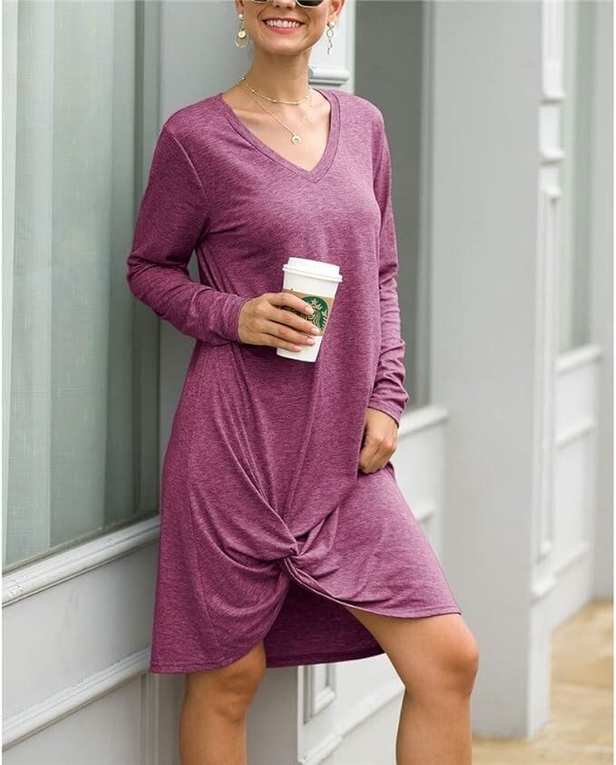 purple long sleeve t shirt dress Apples On Powder Purple Long Sleeve Printed T-Shirt Dress with Pockets in 100% Combed Cotton