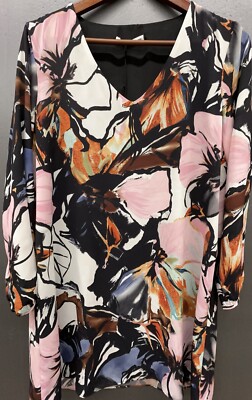 Three Eighty Two Top L Black Multicolor Tunic 3/4 Sleeve Dressy Artsy USA New