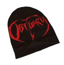 OBITUARY Beanie Skully Cap Hat Hardcore Stretchy Thin Lightweight Black & Red