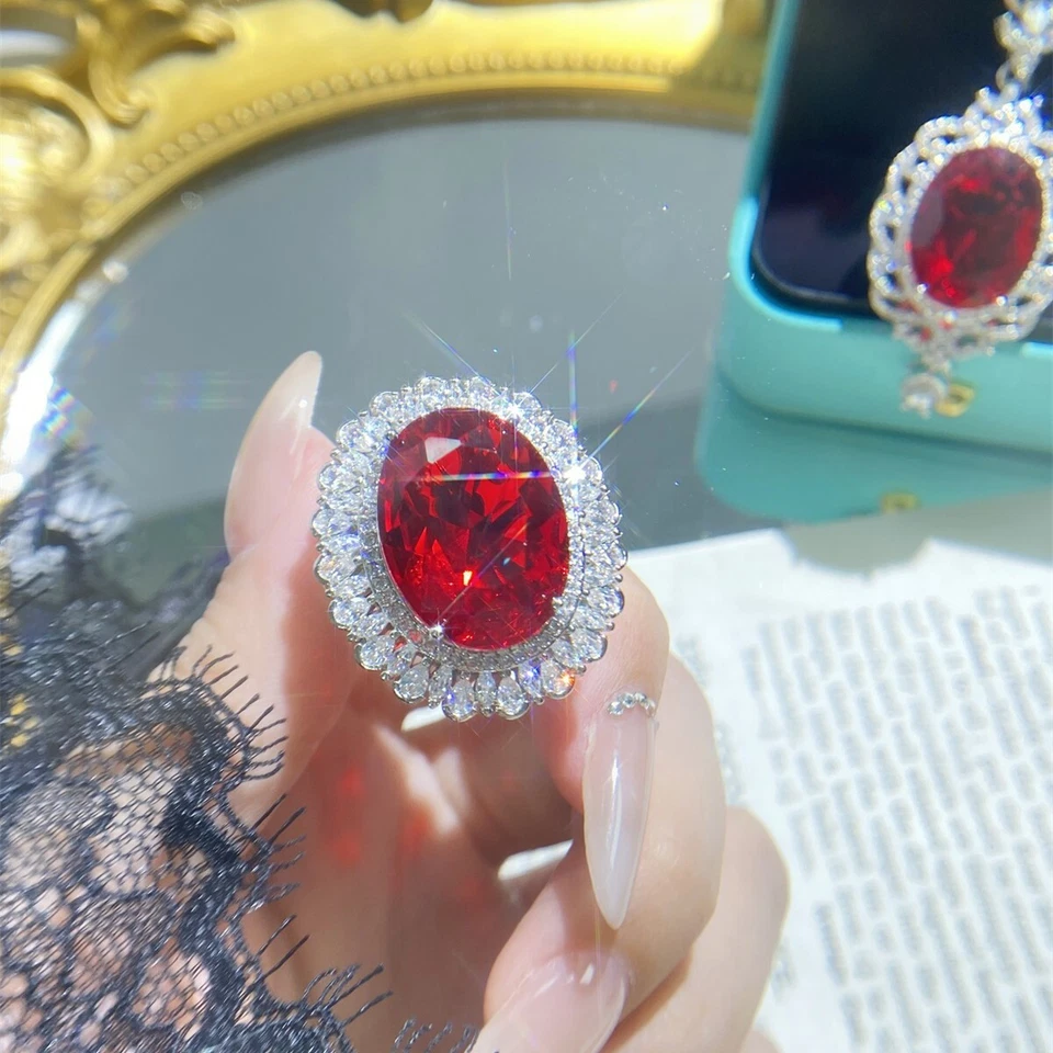 Novos anéis femininos de prata de luxo de 18 mm granada vermelha corte oval topázio branco pedra preciosa grande - Imagem 3 de 4