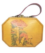 Vintage Mushroom Decoupage Octagonal Wooden Box Purse 70s Shroom Strawberries