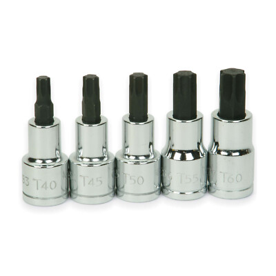 1/2''Drive Torx Bit Socket Set, 5pcs, Clip Rail.T40-T60 Chrome. Williams JHW32908