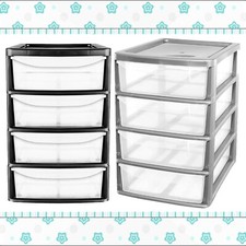 4 Drawer Black Or Silver Plastic Storage Tower Unit Bedside, Desk Top Drawers