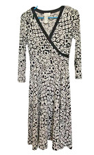 Donna Morgan Midi Dress Faux Wrap Stretch Career V Neck Black White Geo Size 4