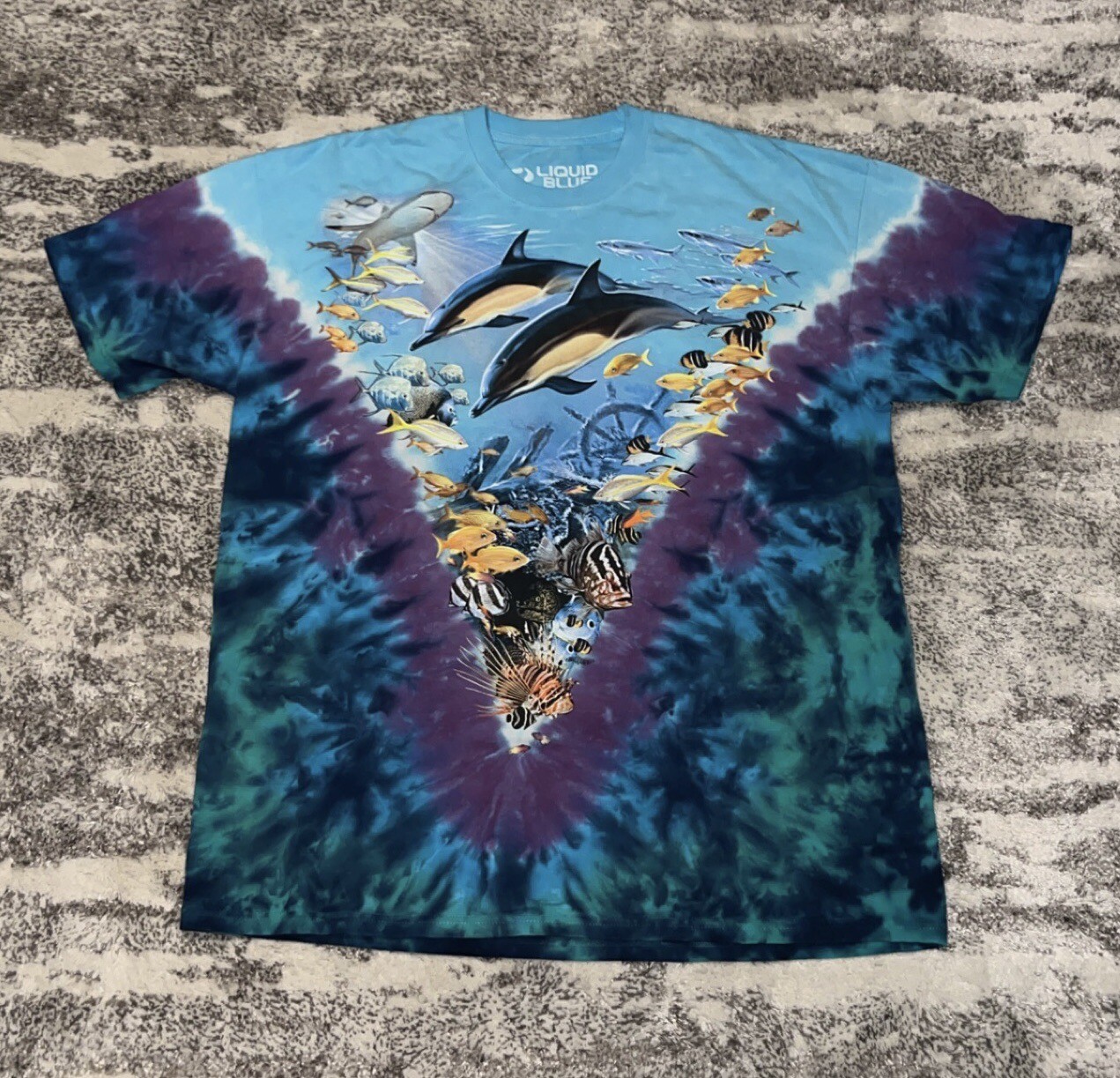 Vintage Liquid Blue 2000 Y2K Ocean Wake Tye Dye T Shi… Gem