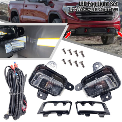 For 2022 2023 2024 GMC Sierra 1500 LED Fog Light Kit W/ Switch Wire Bezel White