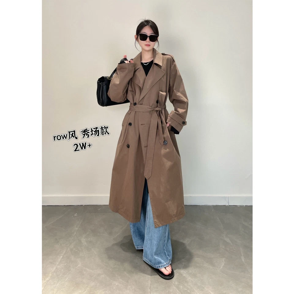 Gabardina larga de doble botonadura de algodón larga de otoño para mujer THE ROW Foto 2 de 4