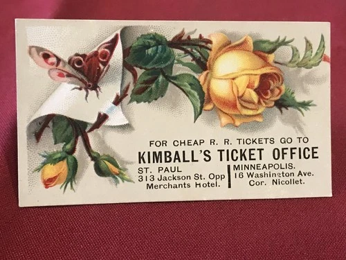 Kimball's Railroad Ticket Office 1880s Trade Card Minneapolis & St. Paul MN