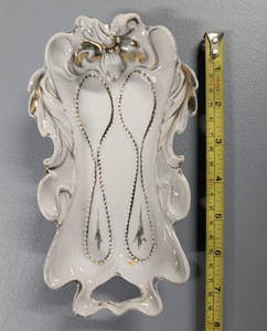 White/Gold Glossy Ceramic Wall Mounted Soap Dish, Rococo Floral Bow, 7in