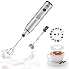Milk Frother Handheld, Rechargeable Whisk Drink Mixer for Coffee with Art Ste...