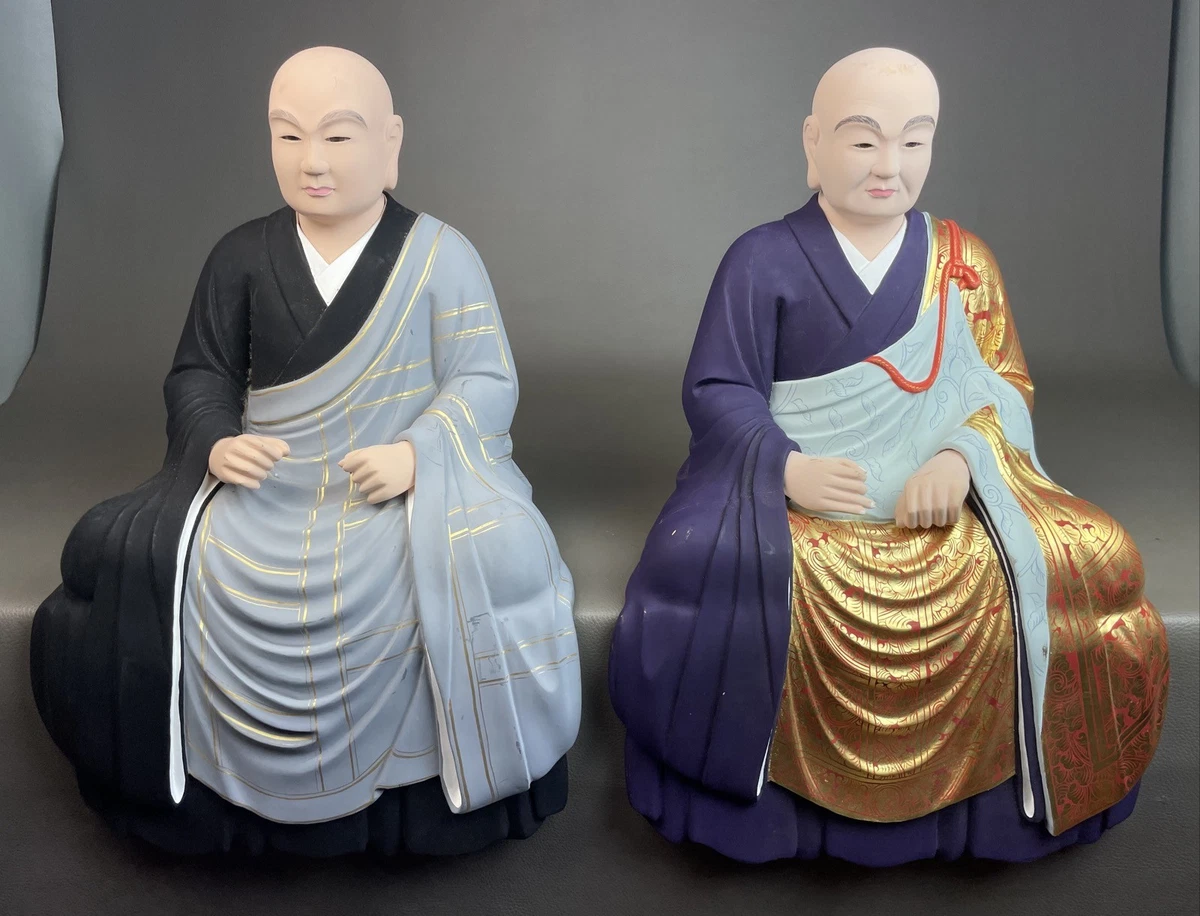 JAPANESE PAIR H46cm 18.1" BUDDHIST BUDDHA STATUE MONK SAINT ZENDO HONEN WOOD NR
