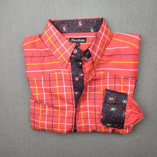 Knockout Shirt Men Extra Large Red Plaid Floral Flip Cuff Western Button Rodeo - Picture 1 of 11