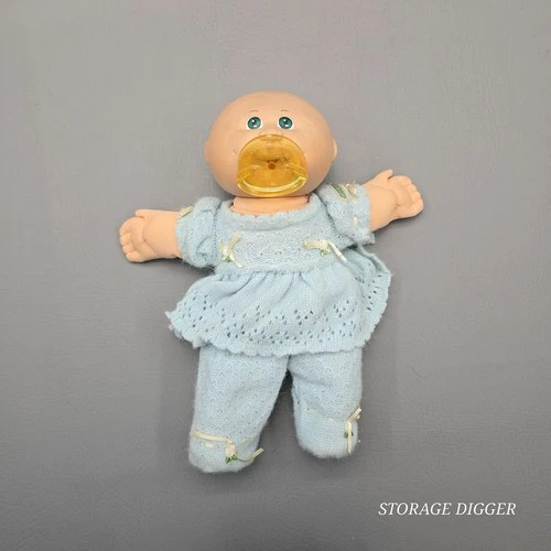 VTG Cabbage Patch Kids Coleco Baby Girl Doll 10.5" Blue knit Outfit Bald Head