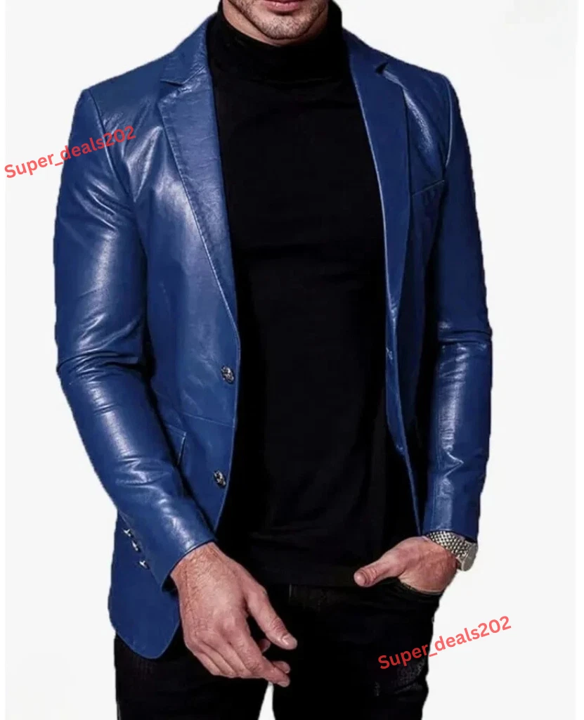 Men's Lambskin Leather Blazer Blue Handmade Casual Party Wear Soft Stylish Coat