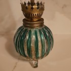 Hurricane Oil Lamp Green Ribbed Glass Base Clear Chimney Brass Wick Burner — photo 5