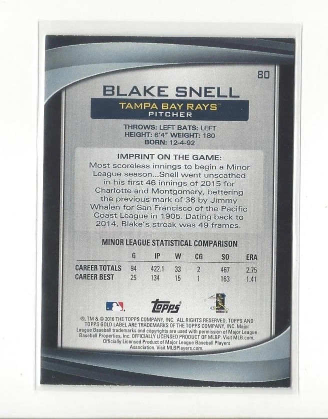 2016 Topps Gold Label Class 1 Blue #80 Blake Snell Rookie Rays Dodgers - Image 2 of 2