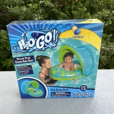 NIB Inflatable Baby Infant Pool Float Boat Blue Green With Sun Shade Ages 0-1