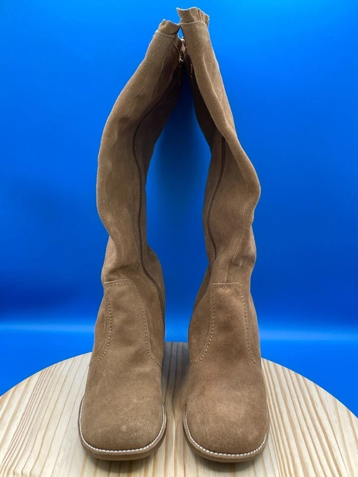 Bota feminina tamanho 9 panturrilha marrom 6 couro zíper lateral biqueira redonda salto cunha - Imagem 2 de 4