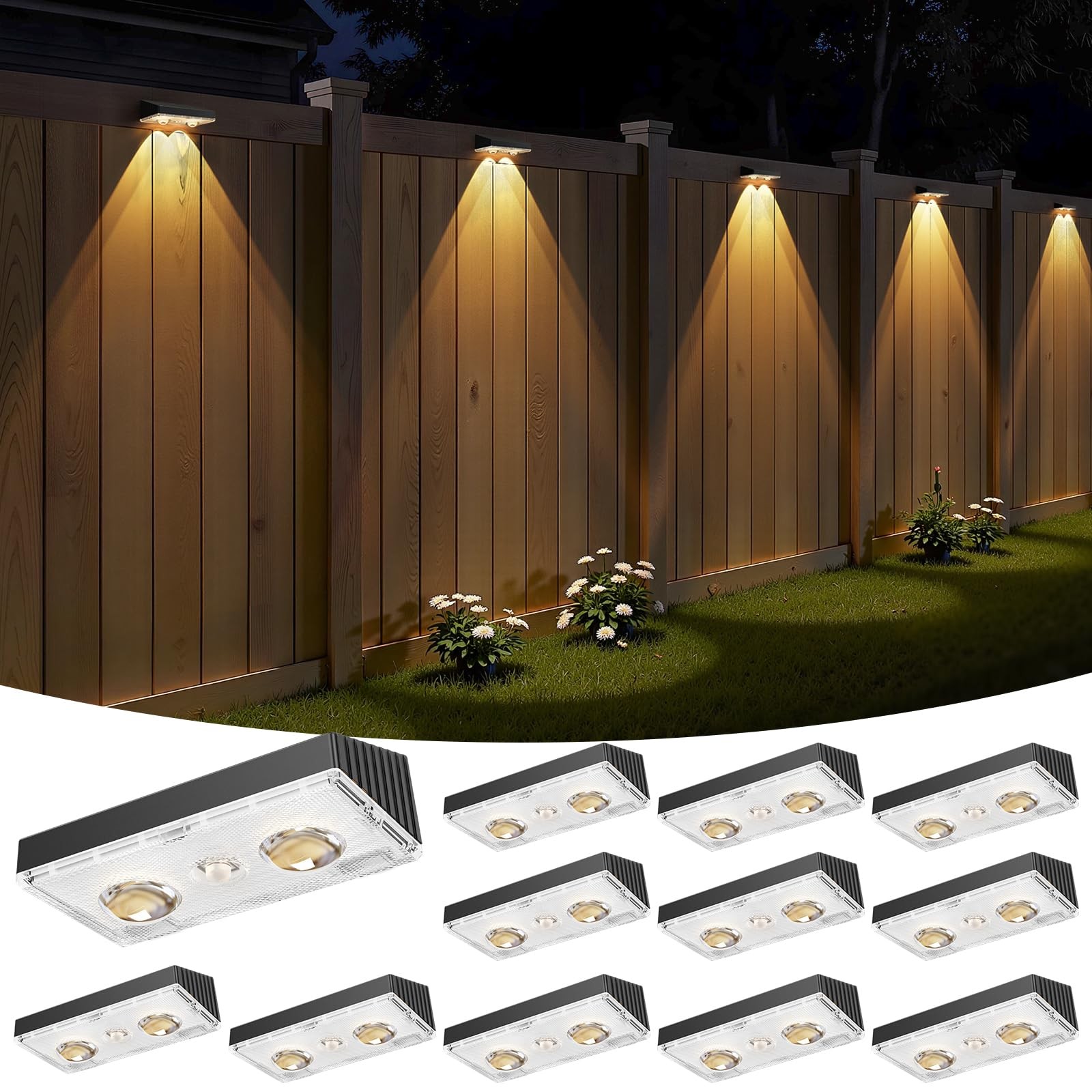 Solar Fence Lights Outdoor Waterproof, 12 Pack Fence Light Solar Powered with Br