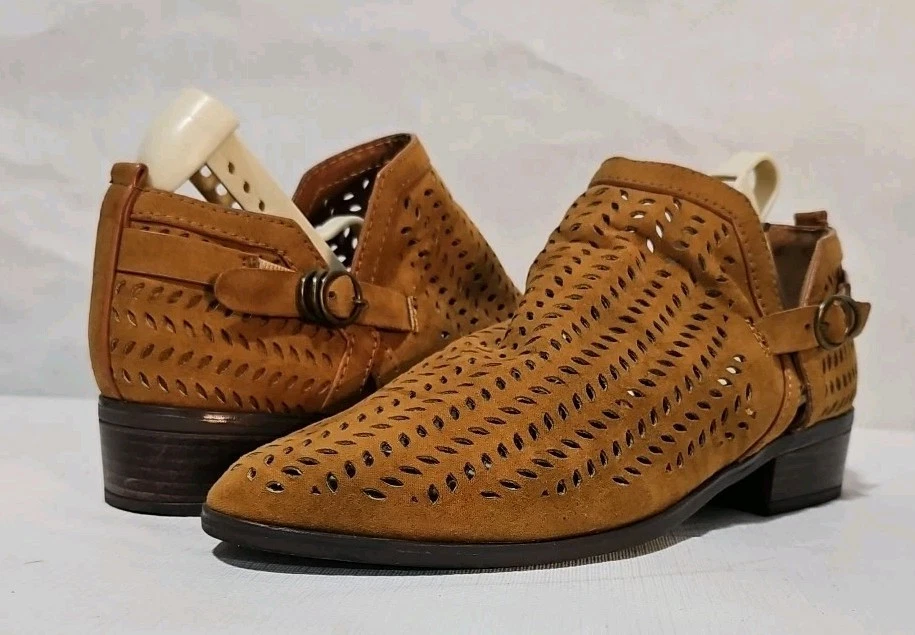 Botines de bambú color tostado sable tacón bloque cremallera sin cordones punta almendra para mujer talla 8 W Foto 2 de 4