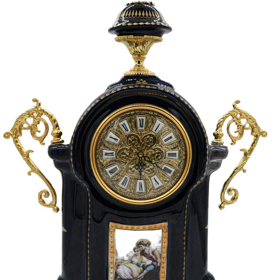 Limoges Sèvres Style Porcelain Cobalt and Gilt Mantel Clock