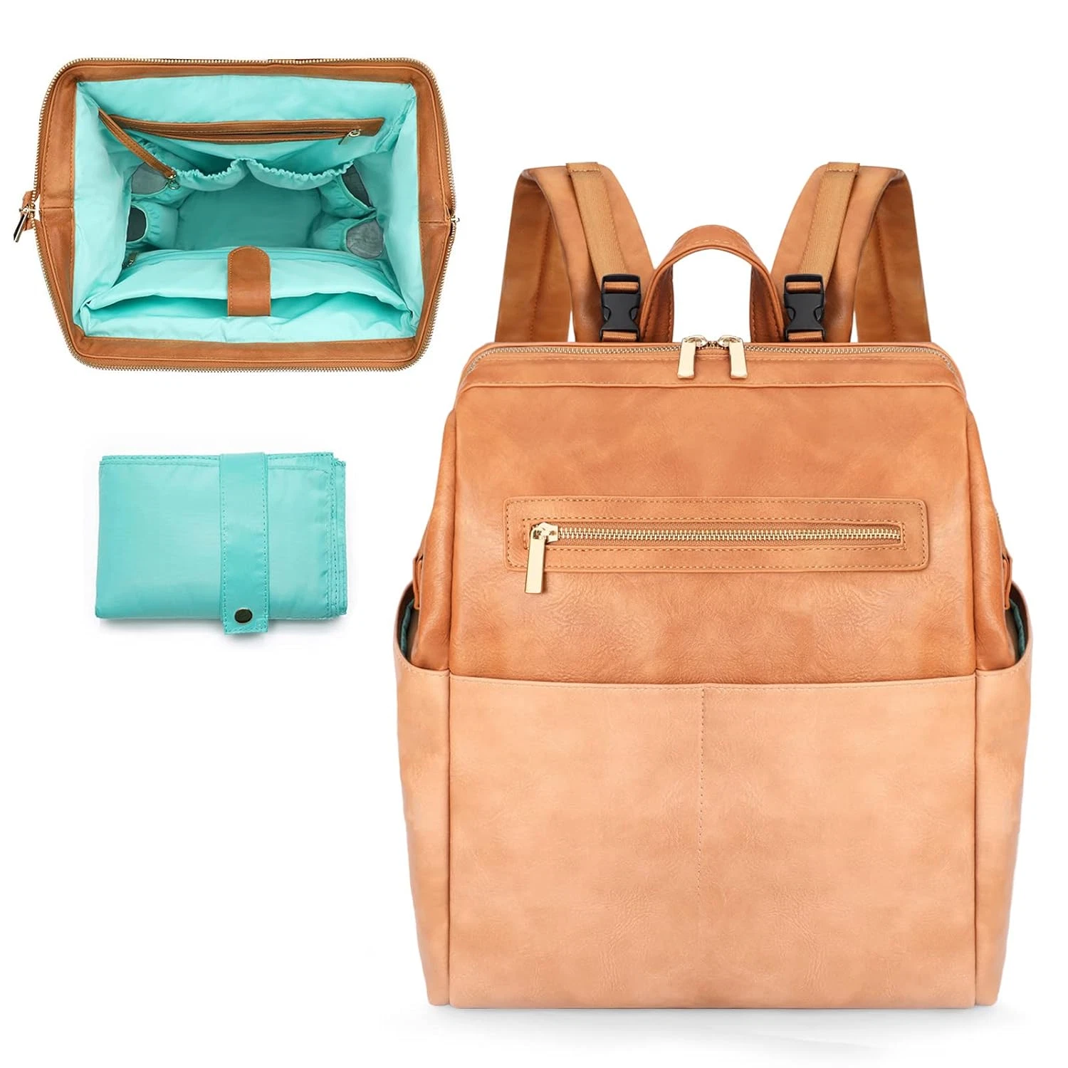 Stylish Leather Diaper Bag Backpack with 16 Pockets & Changing Pad, Brown