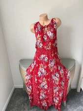 Bila Maxi Dress Womens Xxl Floral Paisley Red Print Rayon Retro Crinkle Tie V