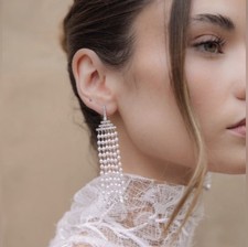 Untamed Petals Silver Pearl Waterfall Bridal Wedding Earrings New With Tags