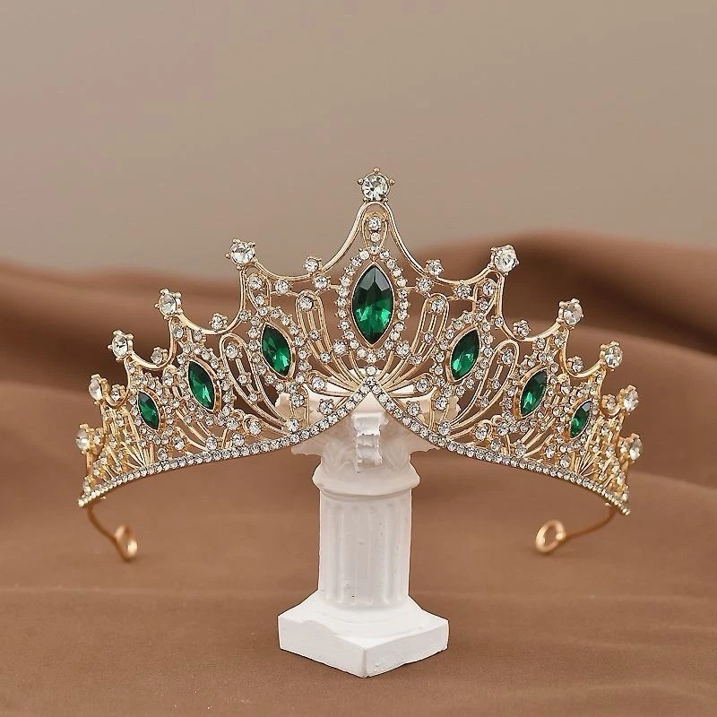 Tiara corona reina gema verde nupcial chapada en oro para damas Foto 2 de 4