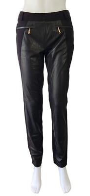 BASLER Size F 38 AU 12 Black Stretch Twill & Faux Leather Slim Leg Pants Trouser