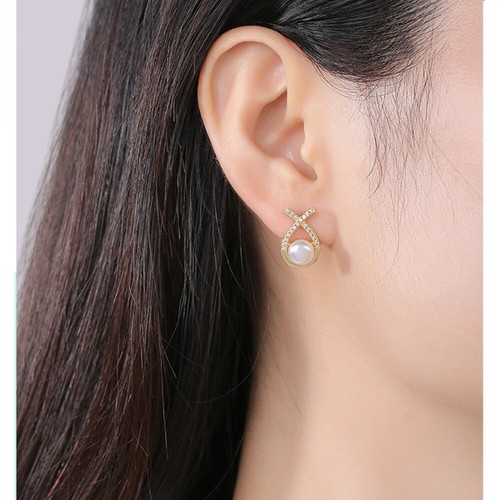6.5mm Freshwater Cultured Pearl Diamond Wedding Stud Earrings 14K Yellow Gold FN - Picture 5 of 8