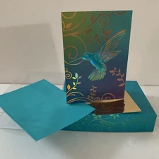 Papyrus Hummingbird Blank Note Card Iridescent Blue Gold Seal Envelope ONE CARD