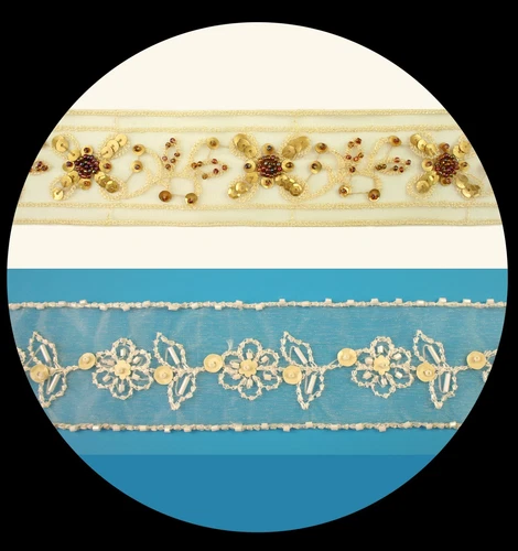 Unotrim 2" Ivory Organza, Netting Beaded Gold Brown Sequins Embroidery Lace Trim