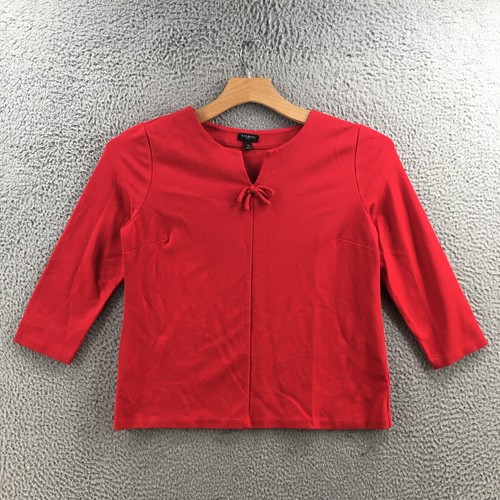 Camicetta Talbots manica 3/4 top donna media petite rossa scollo a V fiocco cravatta casual