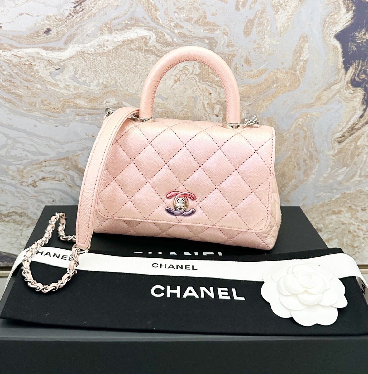 Chanel Iridescent Caviar Quilted Extra Mini Coco Light Pink Handle