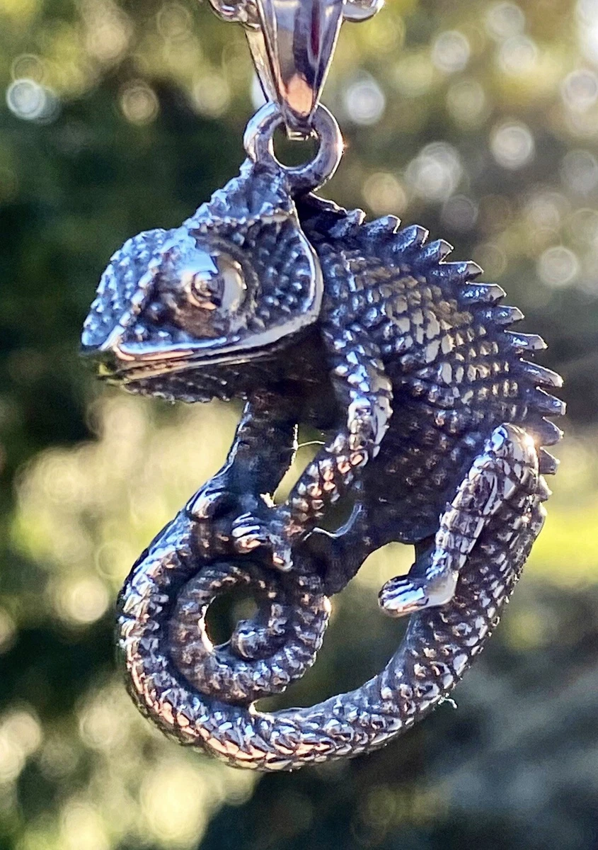 Stunning Antiqued Steel Chameleon Pendant Necklace