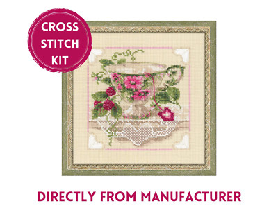 RIOLIS Counted Cross Stitch Kit 1476 Raspberry Tea- Vintage Tea Cup Set Craft