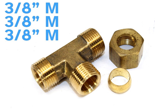 3/8" Tube OD Tee Brass Compression T Fitting Plumbing 3 Way Adapter Water / Gas