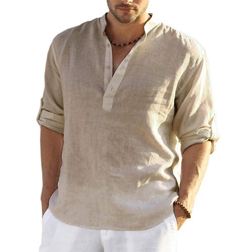 Summer Men Long Sleeve Shirts Beach Blouse Casual Button Down Tops Dress Shirt - Picture 7 of 17