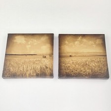 Vintage Hay Bales Canvas Wall Art Rustic Field Scenery Set Of 2 Prints 7”x 7”