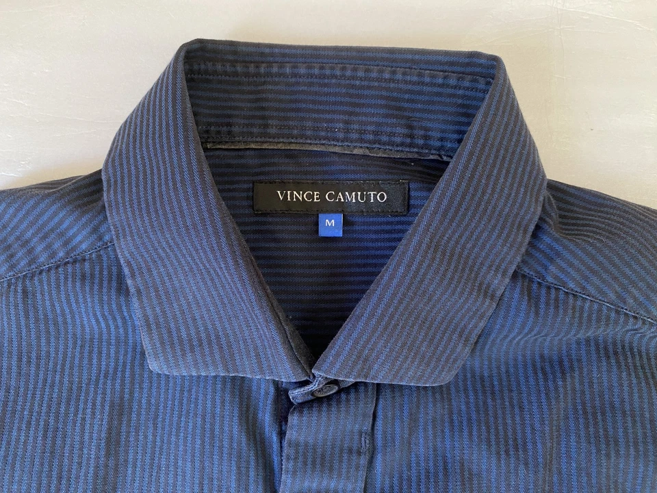 Vince Camuto 条纹纽扣衬衫蓝色 M 码长袖休闲口袋 — 第 3/4 张图片