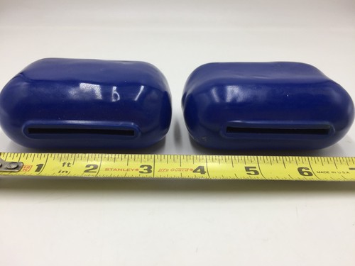 Blue vinyl scuba weights, 3 lbs 14 oz each, with black trim and yellow measurement tape.