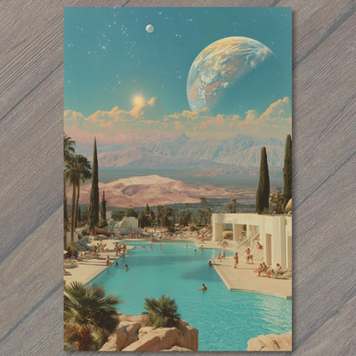 POSTCARD Surreal Pool Planet Earth Sky Dream Vacation Sci Fi Resort Mountains
