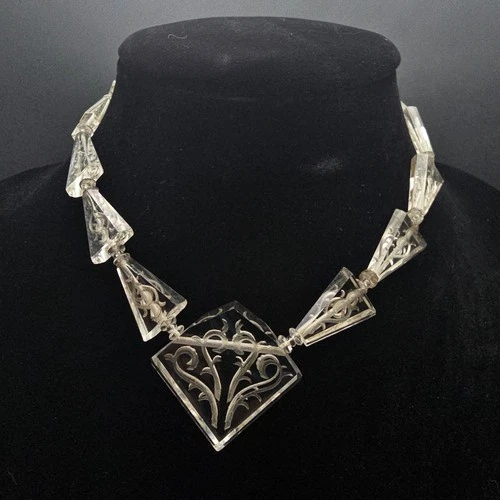 Clear Etched Czech Glass Necklace Vintage Costume Jewelry 1930s