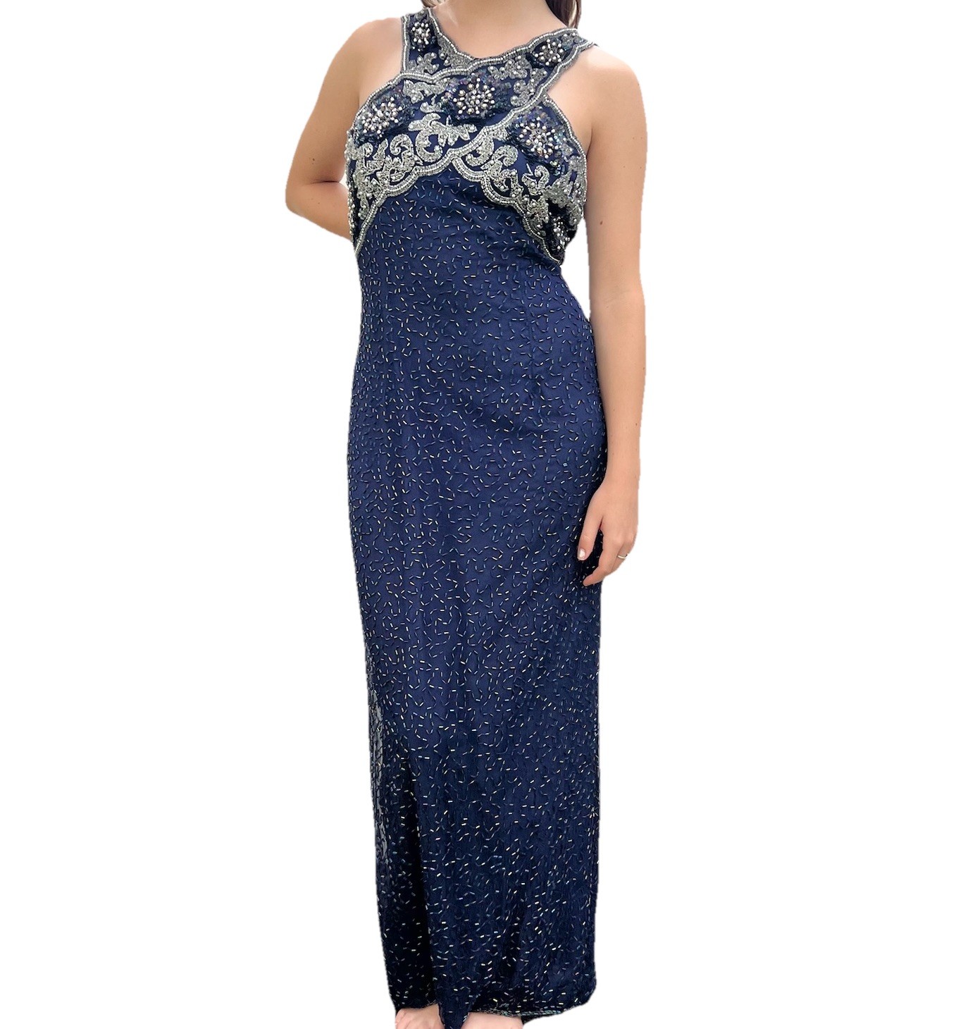Vintage Laurence KAZAR Navy Silver Beaded Silk Evening Gown L Formal Glam Wow