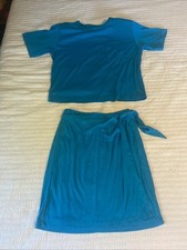 Vintage Blue Two-Piece Short Sleeve Skirt Removable Shoulder Pads Made In Usa