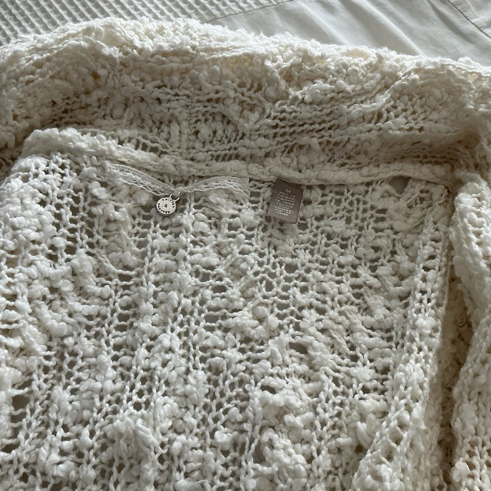 Knitted & Knotted Anthropologie Women Sz M Cream Chunky Knit Cardigan Cozy Boho - Image 2 of 4