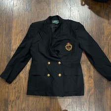 RALPH LAUREN Women Sz 12 P Crown Crest Wool Double Breasted Silver Button Blazer